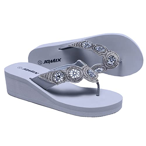 JOMIX Strass Sandalen Damen Pantoletten Damen Flach Rutschfest Sommer Badelatschen Strandsandalen Glitzersteine Freizeit (01 Grau, 38 EU) von JOMIX