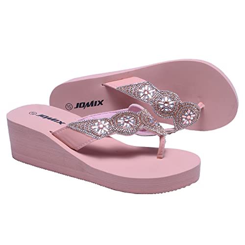 JOMIX Pantoletten Flache Sandalen Damen mit Weich Fußbett Frauen Sommer Offene Schuhe Faux Leder Plattform Flip Flops Freizeit Sommerschuhe (01 Rosa, 39 EU) von JOMIX