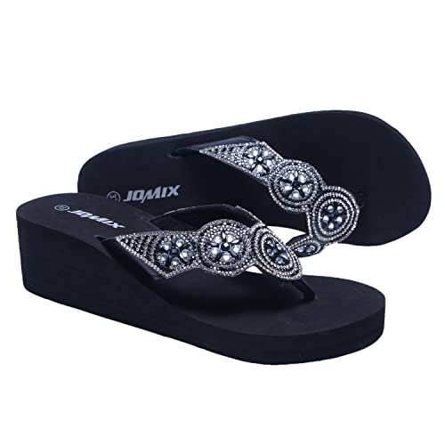 JOMIX Flip Flops Damen Sandaletten Strass Slip On Leichte Sandalen Sommer Pantoletten Glitzersteine Muterstag (01 Schwarz, 40 EU) von JOMIX