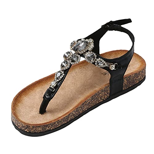 JOMIX Sommer Flip Flops Damen Glitzer Zehentrenner Strasssteine Sandalen Elegant Kristall Pantoletten Bequeme Kork Fußbett (02 Schwarz Größe Klein 1 Nummer, 39 EU) von JOMIX