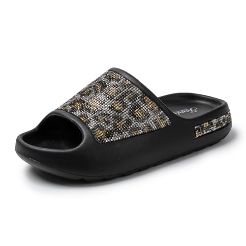 JOMIX Badelatschen Damen Sommer Cozy Badeschlappen Rutschfest Gummi Slides Weich Badeschuhe Pool Strand Schlappen Schwimmen Pantoletten Slippers (Schwarz Leopard, 37 EU) von JOMIX