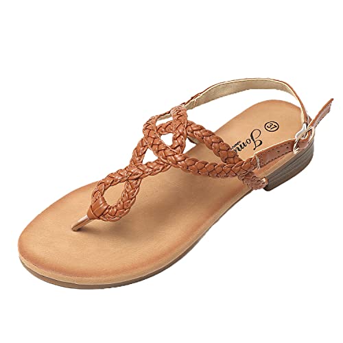 JOMIX Sandalen Damen Sommer Flache Zehentrenner Freizeit Bohemia Flip Flops Elegant Bequeme Strandschuhe mit Riemchen (Braun, 37 EU) von JOMIX