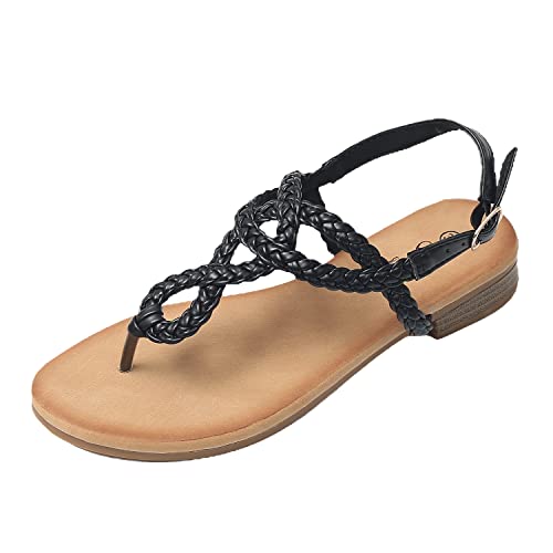 JOMIX Sandalen Damen Sommer Flache Zehentrenner Freizeit Bohemia Flip Flops Elegant Bequeme Strandschuhe mit Riemchen (Schwarz, 38 EU) von JOMIX