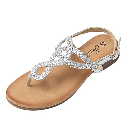 JOMIX Sandalen Damen Sommer Flache Zehentrenner Freizeit Bohemia Flip Flops Elegant Bequeme Strandschuhe mit Riemchen (Silber, 37 EU) von JOMIX