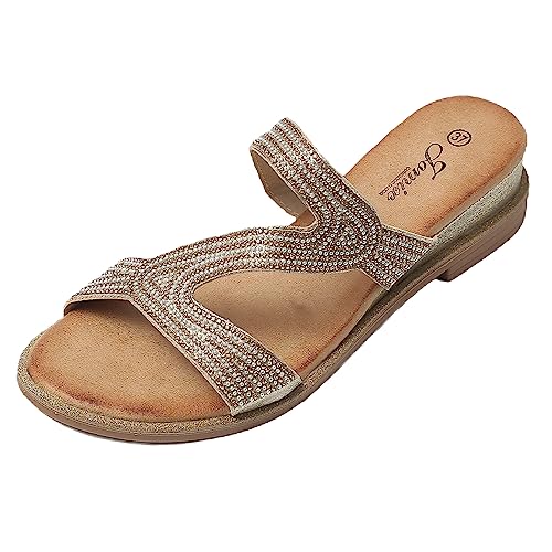 JOMIX Sommer Pantoletten Damen mit Absatz Sandalen Flip Flops Elegant Slide Pantoffeln Schlappen Badelatschen (Gold, 37 EU, SD8124) von JOMIX