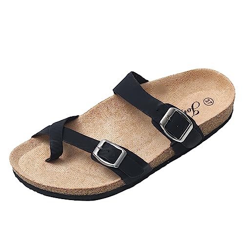 JOMIX Sommer Sandalen Damen Flache Pantoletten Zehenring Elegante Doppelriemen Strandschuhe Kork Fußbett Meer Pool Strand Outdoor (Schwarz, 41 EU) von JOMIX