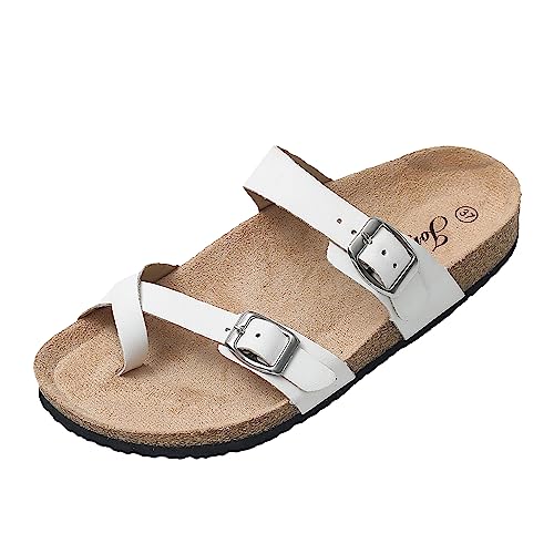 JOMIX Sommer Sandalen Damen Flache Pantoletten Zehenring Elegante Doppelriemen Strandschuhe Kork Fußbett Meer Pool Strand Outdoor (Weiß, 41 EU) von JOMIX