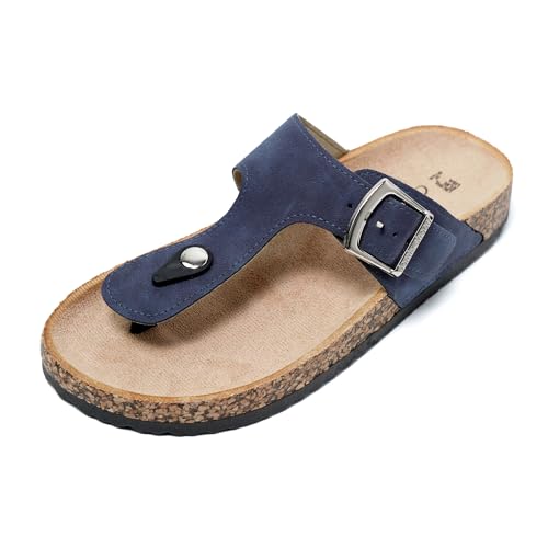 JOMIX Sommer Sandalen Damen Leder Zehentrenner Flip Flops Elegant Flache Strandschuhe Weiche Kork Fußbett (Navy, 39 EU) von JOMIX