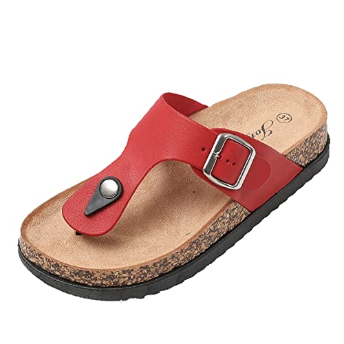 JOMIX Sommer Sandalen Damen Leder Zehentrenner Flip Flops Elegant Flache Strandschuhe Weiche Kork Fußbett (Rot Größe Klein 1 Nummer, 36 EU) von JOMIX