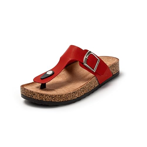 JOMIX Sommer Sandalen Damen Leder Zehentrenner Flip Flops Elegant Flache Strandschuhe Weiche Kork Fußbett (Rot Größe Klein 1 Nummer, 39 EU) von JOMIX