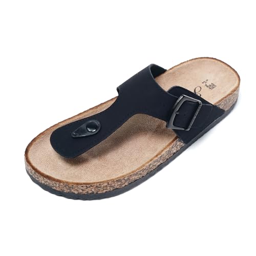 JOMIX Sommer Sandalen Damen Leder Zehentrenner Flip Flops Elegant Flache Strandschuhe Weiche Kork Fußbett (Schwarz Größe Klein 1 Nummer, 37 EU) von JOMIX