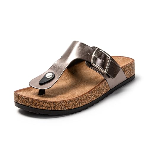 JOMIX Sommer Sandalen Damen Leder Zehentrenner Flip Flops Elegant Flache Strandschuhe Weiche Kork Fußbett (Silber Metallisch, 40 EU) von JOMIX