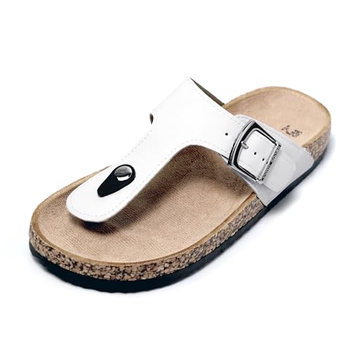 JOMIX Sommer Sandalen Damen Leder Zehentrenner Flip Flops Elegant Flache Strandschuhe Weiche Kork Fußbett (Weiß Größe Klein 1 Nummer, 39 EU) von JOMIX