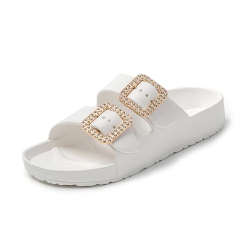 JOMIX Sommer Sandalen Damen Leichte Pantoletten Schnalle Strasssteine Bequeme Schlappen Badelatschen Badeschlappen Meer Pool Strand Schwimmen Indoor Outdoor (Weiß Größe Klein 1 Nummer, 39 EU) von JOMIX