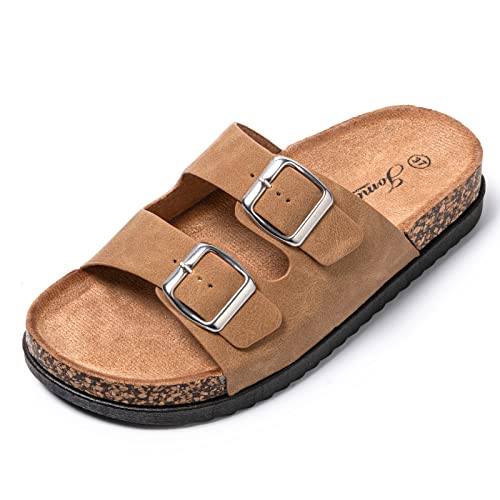 JOMIX Pantoletten Damen Sommer Sandalen mit Kork Fußbett Elegant Flach Hausschuhe Weiche Verstellbaren Schnalle Meer Strand Schlappen (Beige, 39 EU) von JOMIX