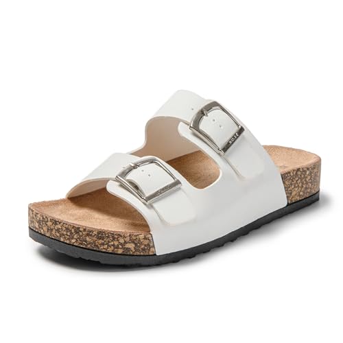 JOMIX Pantoletten Damen Sommer Sandalen mit Kork Fußbett Elegant Flach Hausschuhe Weiche Verstellbaren Schnalle Meer Strand Schlappen (Weiß, 39 EU) von JOMIX