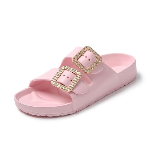 JOMIX Sommer Sandalen Damen Pantoletten Schnalle Strasssteine Bequeme Schlappen Badelatschen Badeschlappen Meer Pool Strand Schwimmen Indoor Outdoor (Rosa Größe Klein 1 Nummer, 37 EU) von JOMIX