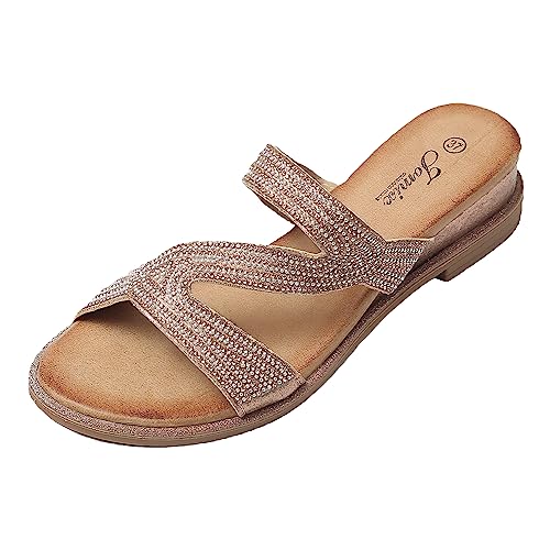 JOMIX Pantoletten Damen Bohemian Strass Flach Sandaletten Sommer Sandalen & Slides für Damen (Rosa, 40 EU, SD8124) von JOMIX