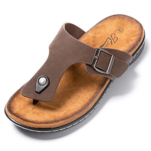 JOMIX Sommer Sandalen Herren Leder Pantoletten Nicht-Verstellbare Schnalle Flip Flops Latschen Rutschfeste Gummisohle Wandern Meer Strand Outdoor (Braun Größe Klein 1 Nummer, 42 EU) von JOMIX