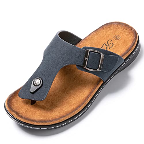 JOMIX Sommer Sandalen Herren Leder Pantoletten Nicht-Verstellbare Schnalle Flip Flops Latschen Rutschfeste Gummisohle Wandern Meer Strand Outdoor (Marine Größe Klein 1 Nummer, 41 EU) von JOMIX