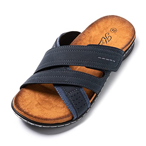 JOMIX Sommer Sandalen Herren Querriemen Pantoletten Herren Weiche Kunstleder Klettverschluss Latschen Rutschfeste Gummisohle Meer Strand Outdoor (Marine Größe Klein 1 Nummer, 45 EU) von JOMIX