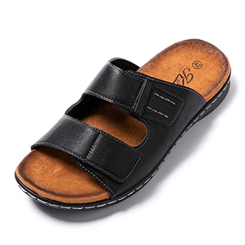 JOMIX Sommer Sandalen Herren Weiche Kunstleder Pantoletten Herren Einzeln Klettverschluss Latschen Rutschfeste Gummisohle Meer Strand Outdoor (Schwarz Größe Klein 1 Nummer, 44 EU) von JOMIX