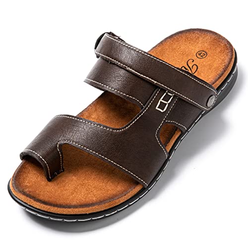 JOMIX Sommer Sandalen Herren Weiche Kunstleder Pantoletten Zehenring Latschen mit FerseRiemen Rutschfeste Gummisohle Wandern Meer Strand Outdoor (03 Braun, 40 EU) von JOMIX