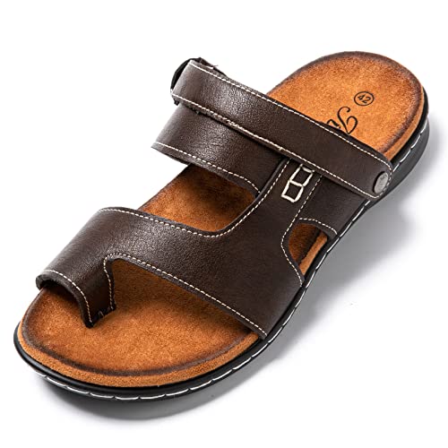 JOMIX Sommer Sandalen Herren Weiche Kunstleder Pantoletten Zehenring Latschen mit FerseRiemen Rutschfeste Gummisohle Wandern Meer Strand Outdoor (03 Braun, 41 EU) von JOMIX