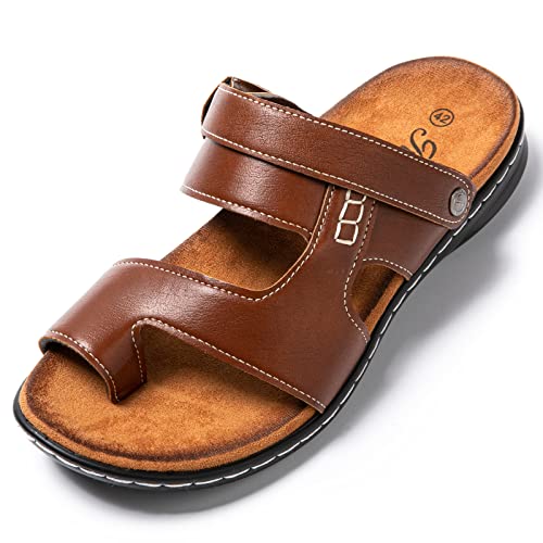 JOMIX Sommer Sandalen Herren Weiche Kunstleder Pantoletten Zehenring Latschen mit FerseRiemen Rutschfeste Gummisohle Wandern Meer Strand Outdoor (03 Khaki, 42 EU) von JOMIX