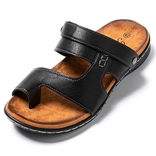 JOMIX Sommer Sandalen Herren Weiche Kunstleder Pantoletten Zehenring Latschen mit FerseRiemen Rutschfeste Gummisohle Wandern Meer Strand Outdoor (03 Schwarz, 41 EU) von JOMIX