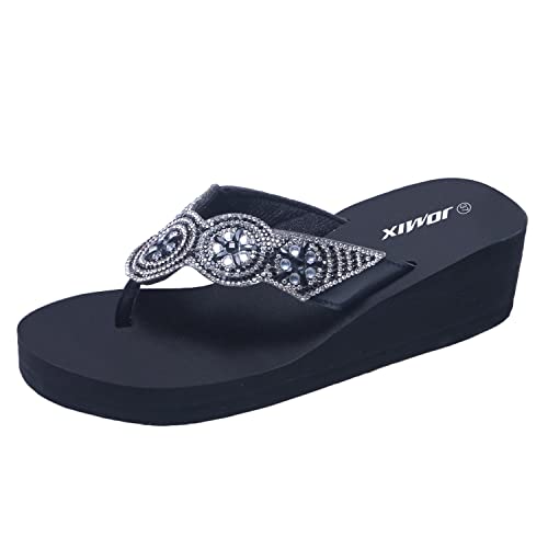 JOMIX Damen Klassische Sandaletten Strass Sandalen Sommer Badelatschen Glitzersteine Leicht Outdoorsandale (01 Schwarz, 38 EU) von JOMIX