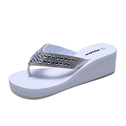 JOMIX Zehentrenner Damen Slim Slipper Flip Flop Wasserfest Badepantolette Glitter Hausschuhe Slippers Sommer Weiches Fußbett (02 Weiß, 36 EU, SD2566) von JOMIX