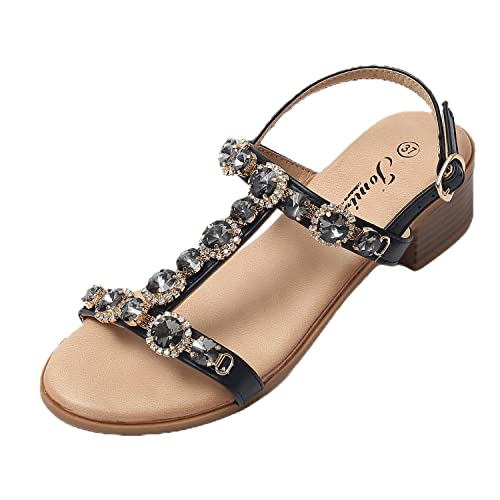 JOMIX Sommer Sandaletten Damen Blockabsatz Sandalen mit Strasssteine Diamant Knopfleiste Bequeme Leder Fußbett Meer Pool Strand Outdoor (Schwarz Größe Klein 1 Nummer, 39 EU) von JOMIX