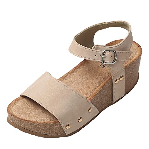 JOMIX Sommer Sandaletten Damen Keilabsatz Sandalen Leder Knopfleiste Bequeme Kork Fußbett Meer Strand Outdoor (01 Beige, 37 EU) von JOMIX