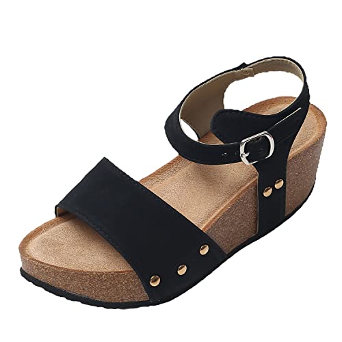 JOMIX Sommer Sandaletten Damen Keilabsatz Sandalen Leder Knopfleiste Bequeme Kork Fußbett Meer Strand Outdoor (01 Schwarz, 38 EU) von JOMIX