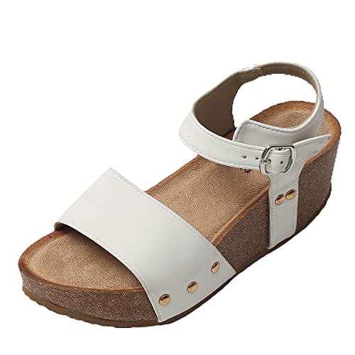 JOMIX Sommer Sandaletten Damen Keilabsatz Sandalen Leder Knopfleiste Bequeme Kork Fußbett Meer Strand Outdoor (01 Weiß, 38 EU) von JOMIX