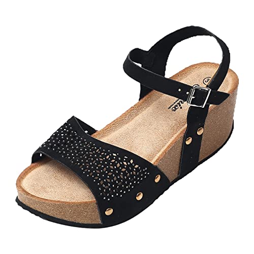 JOMIX Sommer Sandaletten Damen Keilabsatz Sandalen mit Strasssteine Knopfleiste Bequeme Leder Fußbett Meer Strand Outdoor (02 Schwarz, 37 EU) von JOMIX