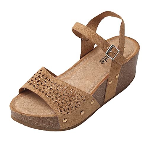 JOMIX Sommer Sandaletten Damen Keilabsatz Sandalen mit Strasssteine Knopfleiste Bequeme Leder Fußbett Meer Strand Outdoor (02 Braun, 38 EU) von JOMIX