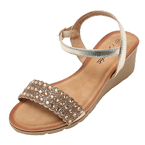 JOMIX Sommer Sandaletten Damen Keilabsatz Sandalen mit Strasssteine Knopfleiste Bequeme Leder Fußbett Meer Strand Outdoor (Gold Größe Klein 1 Nummer, 36 EU) von JOMIX