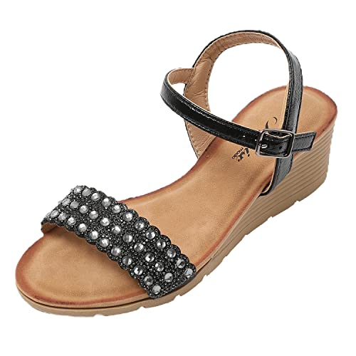 JOMIX Sommer Sandaletten Damen Keilabsatz Sandalen mit Strasssteine Knopfleiste Bequeme Leder Fußbett Meer Strand Outdoor (Schwarz Größe Klein 1 Nummer, 40 EU) von JOMIX