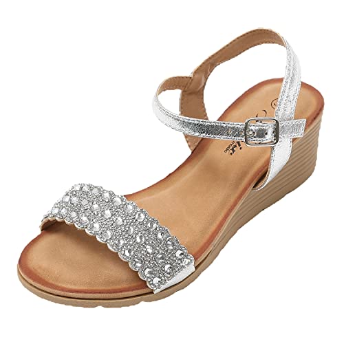 JOMIX Sommer Sandaletten Damen Keilabsatz Sandalen mit Strasssteine Knopfleiste Bequeme Leder Fußbett Meer Strand Outdoor (Silber Größe Klein 1 Nummer, 37 EU) von JOMIX