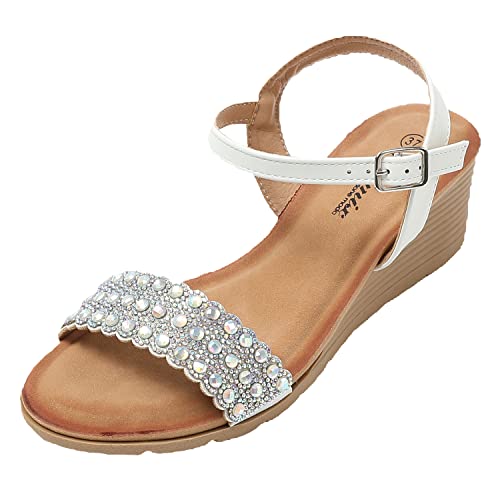 JOMIX Sommer Sandaletten Damen Keilabsatz Sandalen mit Strasssteine Knopfleiste Bequeme Leder Fußbett Meer Strand Outdoor (Weiß Größe Klein 1 Nummer, 36 EU) von JOMIX