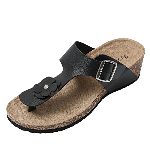 JOMIX Sommer Sandaletten Damen Leder Blumen Zehentrenner Schnalle Flip Flops Keilabsatz Sandalen (07 Schwarz Größe Klein 1 Nummer, 36 EU) von JOMIX