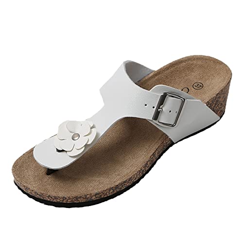 JOMIX Sommer Sandaletten Damen Leder Blumen Zehentrenner Schnalle Flip Flops Keilabsatz Sandalen (07 Weiß Größe Klein 1 Nummer, 38 EU) von JOMIX