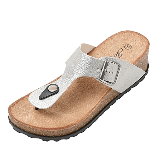 JOMIX Sandalen Damen Sommer Flip Flops Damen Elegant Keilabsatz Sandaletten Zehentrenner Damen Kuntleder Weiche Kork Fußbett (Silber Größe Klein 2 Nummern, 38 EU) von JOMIX