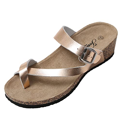 JOMIX Sommer Sandaletten Damen Leder Zehentrenner Schnalle Zehenring Keilabsatz Sandalen Bequeme Weiche Kork Fußbett (01 Gold, 40 EU) von JOMIX