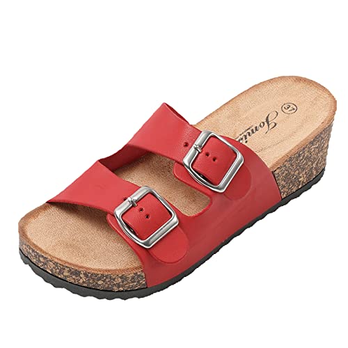 JOMIX Sommer Sandaletten Damen Pantoletten Leder Keilabsatz Sandalen Bequeme Kork Fußbett Meer Pool Strand Outdoor (Rot, 37 EU) von JOMIX