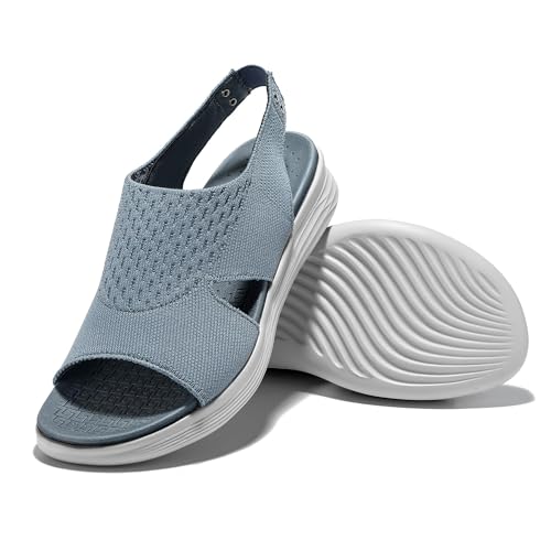 JOMIX Sommerschuhe Damen Slip On Flach Sandalen mit Orthopädische Strandsandalen Pantoletten Plateau Römersandalen (Blau, 40 EU, SD9301) von JOMIX