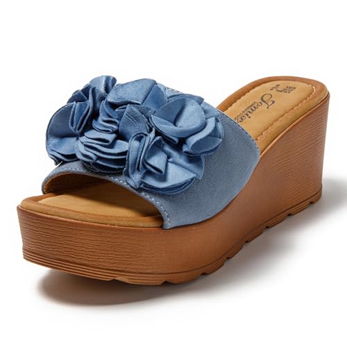 JOMIX Pantoletten Damen Elegant Sandalen mit Absatz Sommer Anatomische Fußbett Plateau Blumen Schlappen Strand Hausschuhe Slipper (Blau, 39 EU) von JOMIX
