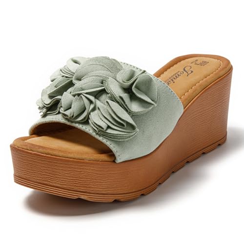 JOMIX Pantoletten Damen Elegant Sandalen mit Absatz Sommer Anatomische Fußbett Plateau Blumen Schlappen Strand Hausschuhe Slipper (Grün, 39 EU) von JOMIX